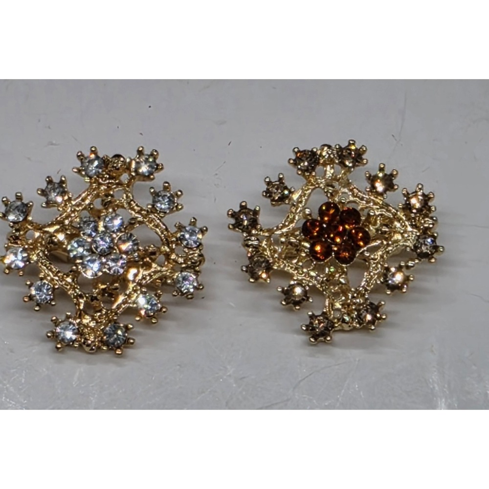 Two Vintage Goldtone Rhinestone Amber Victorian Flower Pin Brooch Brooches 1"
